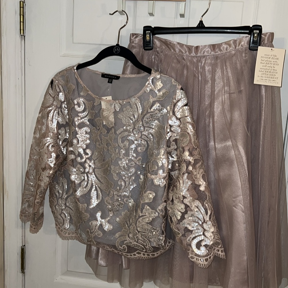 Marina Lt Pink Sequin Top and Skirt M NWT